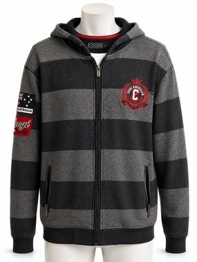 COOGI Australia Full Zip Hoodie XL Gray Black Striped Embroidered